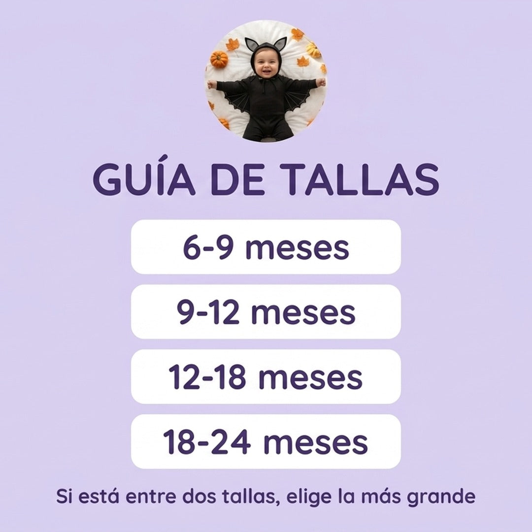 Guía de tallas Bat Baby: 6-9, 9-12, 12-18 y 18-24 meses