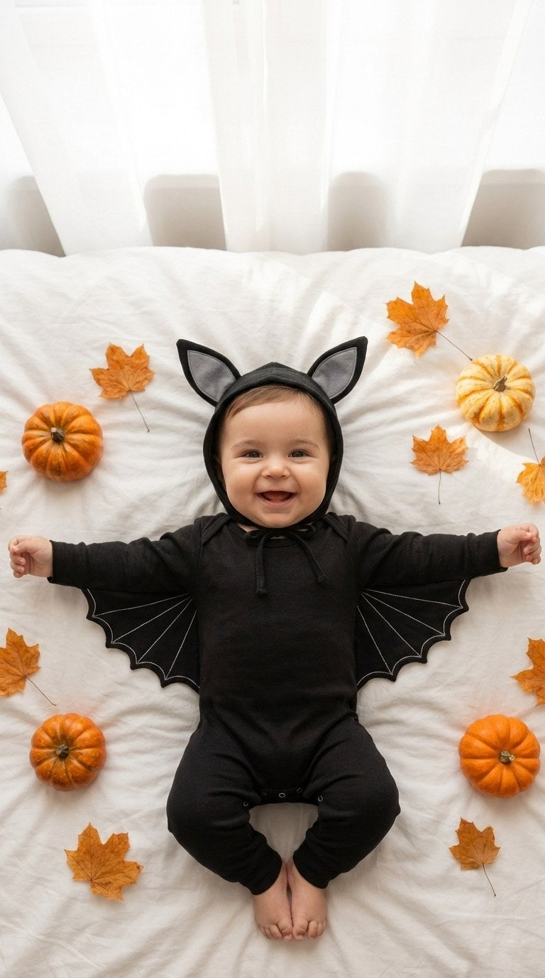 Bebé con disfraz de murciélago Bat Baby con las alas abiertas