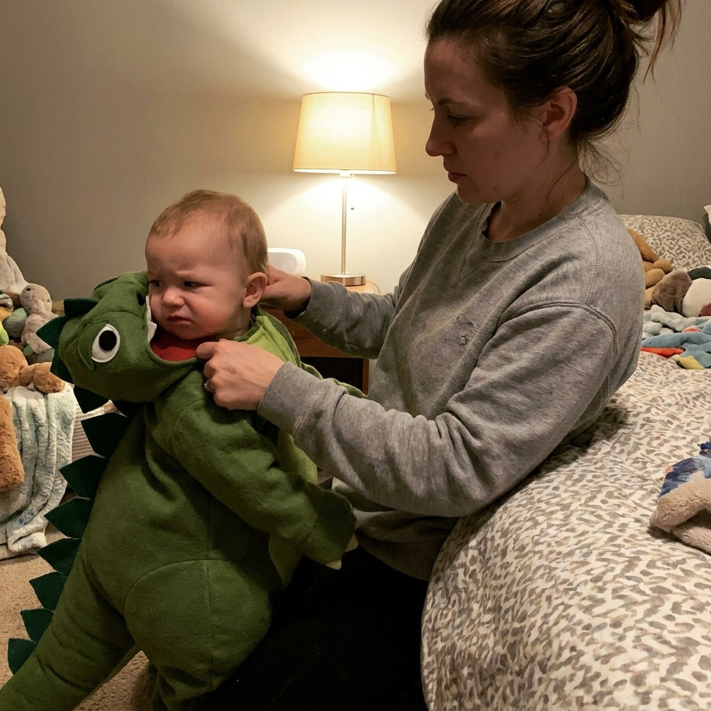 Madre intentando poner un disfraz rígido a su bebé